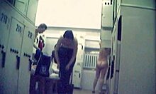 Pretty blond strip dancing in the private changing room